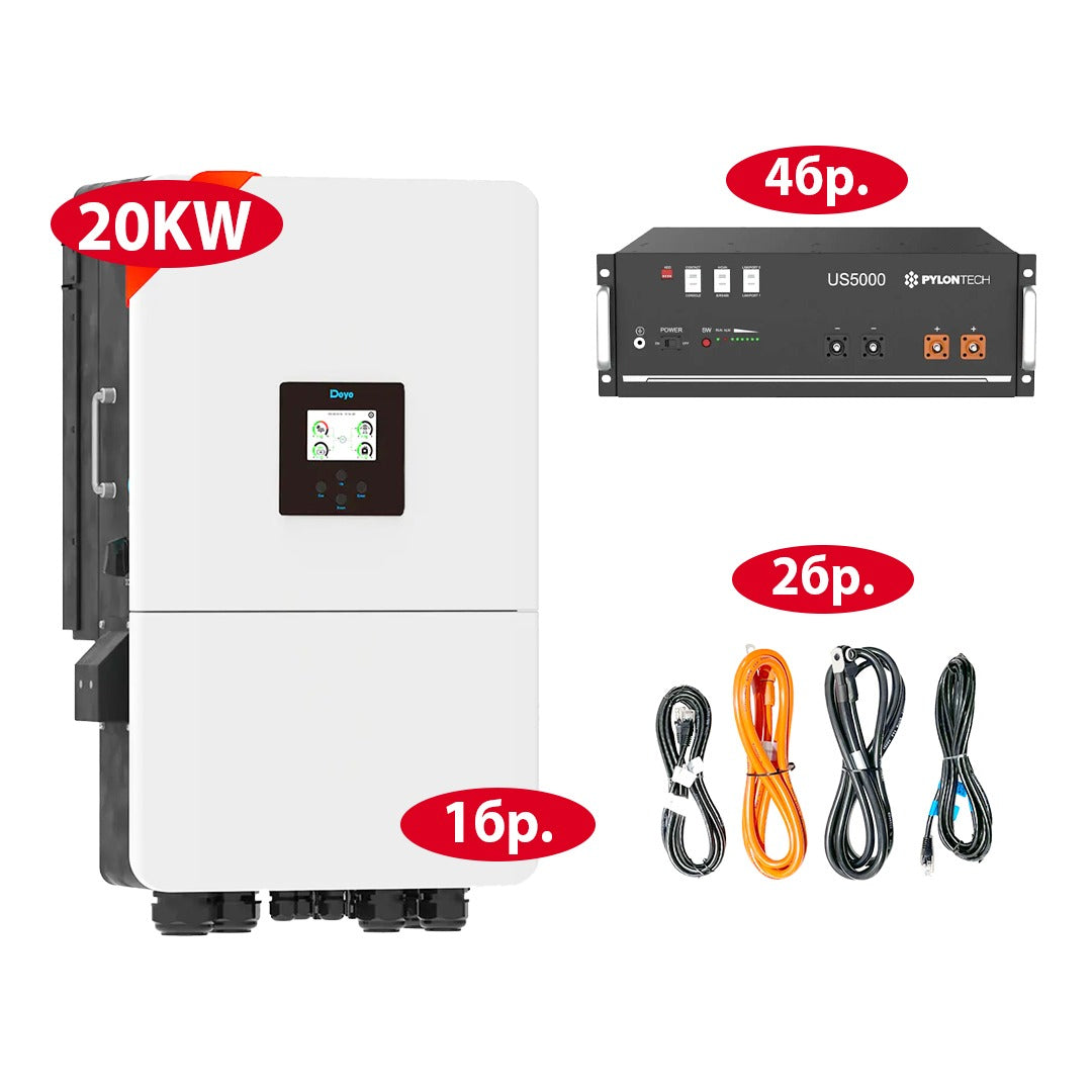 Хибриден ESS комплект DEYE SUN-20K-SG05LP3 +PYLONTECH-US5000 – 20 kW / 19.2 kWh